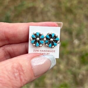 Zuni Kingman Turquoise and Sterling Silver Floral Earrings